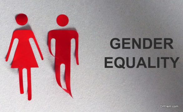 A silhouette in the shape of a red woman and man. The text GENDER EQUALITY.
