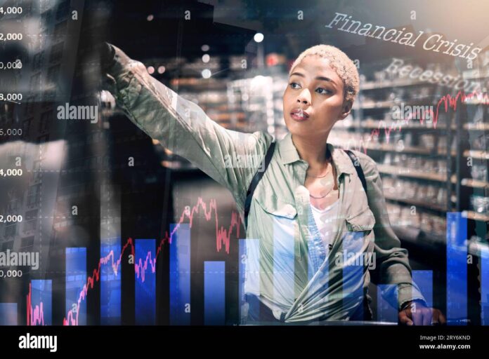 inflation-woman-and-statistics-in-supermarket-with-overlay-for-price-increase-crisis-and-food-impact-recession-lady-and-shopping-in-store-with-2RY6KND