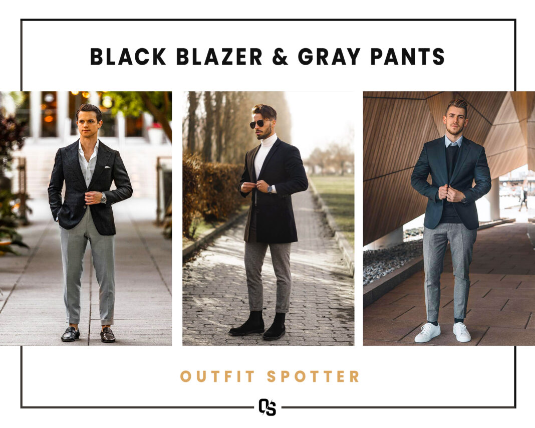 Women's Grey Blazer-Set with Black Contrast Pants